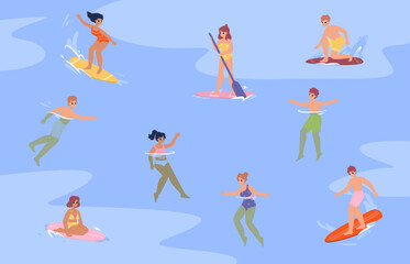 People swimming in sea. Outdoor ocean vacations, person playing and surfing in water. Cartoon women men summer rest, pool swim snugly vector scene