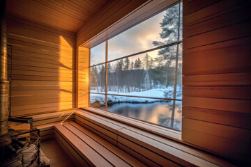 Sauna room in winter morning, Generative AI