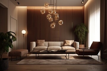 cozy living room with elegant furniture and a sparkling chandelier. Generative AI