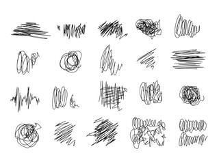 Hand-drawn Doodle lines with black pen. Simple grunge freehand shape. Ink pen scrawl collection - various shapes of hand drawn scribble line drawings. Sketchy elements. Hand drawn tangled lines.