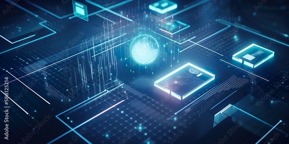 Poster big data technology, futuristic technological abstract background, lines and graphs glowing in the d