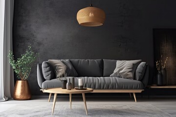 modern living room with a minimalist gray couch and a natural wood coffee table. Generative AI