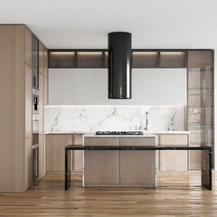 3d rendering modern minimalist clean kitchen with wooden cabinet decoration