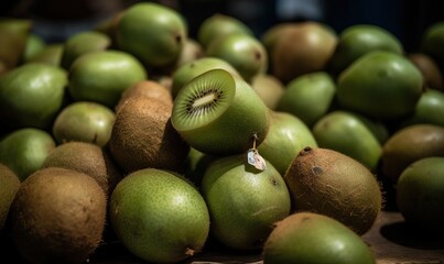  a pile of kiwis sitting on top of each other.  generative ai