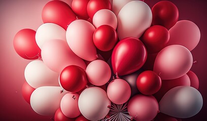  a bunch of red and white balloons on a dark background.  generative ai