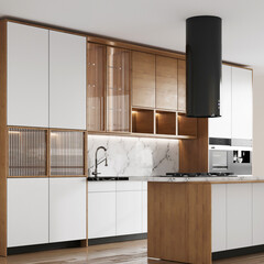3d rendering modern minimalist clean kitchen with wooden cabinet decoration