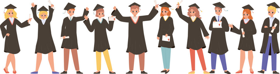 Happy graduate students team. Student hold diploma, cute teenagers in graduation gown. University college degree cartoon snugly vector characters