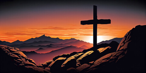 A painted image of a Christian cross on a mountainside, backlit by the setting sun. Generative AI