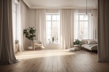 Cozy Living Room with White Curtains and a Comfortable Couch. Generative AI