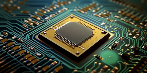 Fototapeta premium The microprocessor in the rays of light on the background of the electronic board. Generative AI