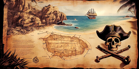 An old pirate map depicting a sailing ship in the sea near the coast of a tropical rocky island. Generative AI