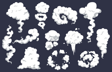Cartoon smoke on wind, smoking comic kit. Explosion effect, cooking fog or fire smokes elements. White motion clouds, snugly vector steam set © MicroOne