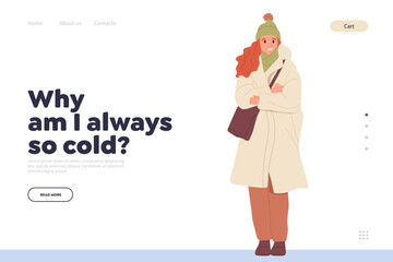 Landing page design template with freezing woman character warming hands shivering outdoors