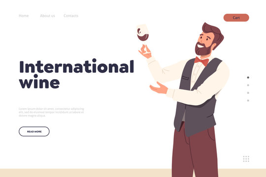 Landing page with international wine day concept and happy sommelier presenting new taste bouquet
