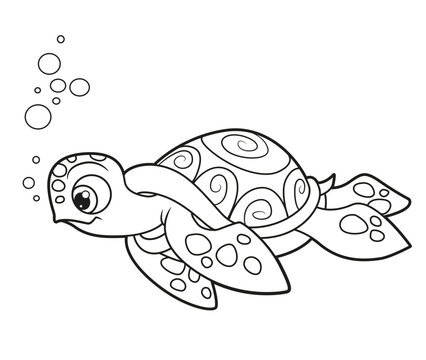 Cute cartoon Sea turtle outlined for coloring page on a white background