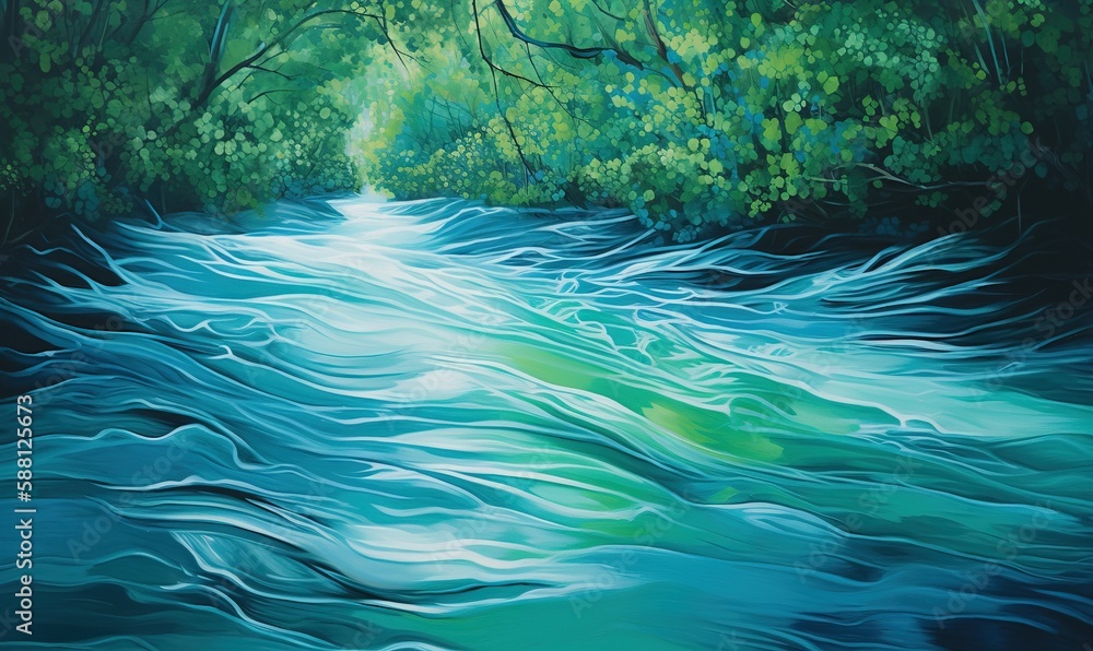Poster a painting of a river running through a forest filled with trees. generative ai
