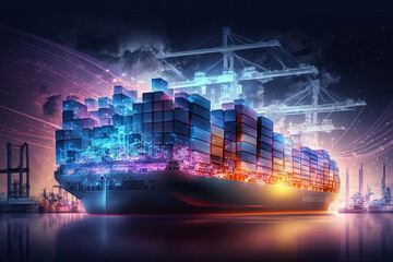 Container ship or cargo shipping business logistic import and export freight transportation by container ship in the open sea, generative ai