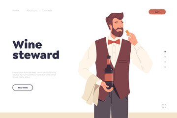 Landing page with satisfied wine steward character smelling cork while opening drink bottle