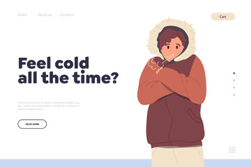 Landing page design with young man character suffering from cold bad frosty winter weather