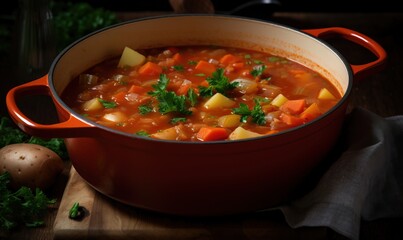  a pot of soup with carrots, potatoes and parsley.  generative ai
