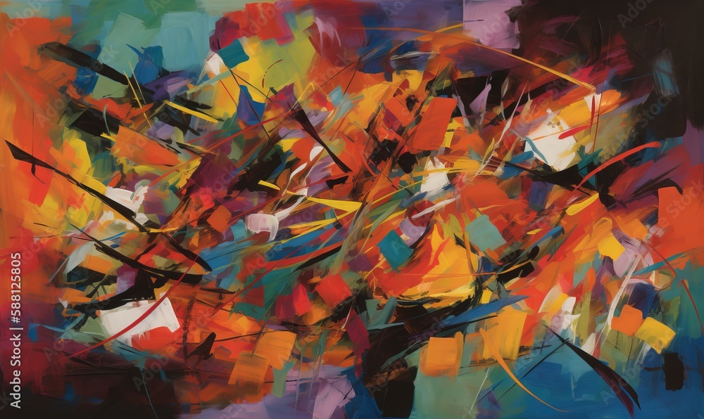 Poster an abstract painting of a tree with many colors of leaves. generative ai