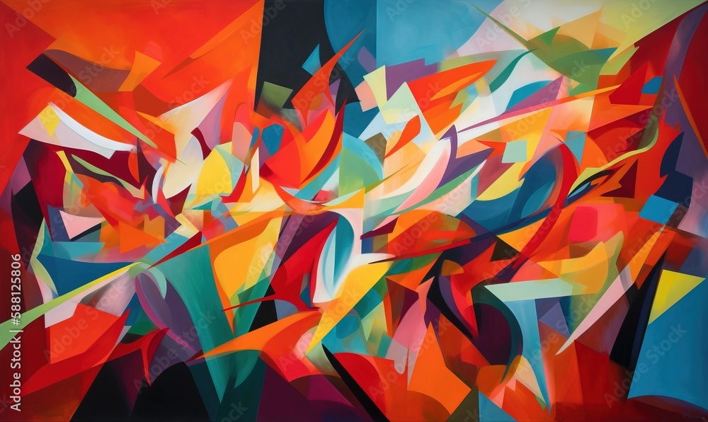 Poster a painting of a colorful abstract design on a wall of a building. generative ai
