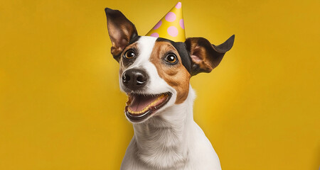 Jack Russell dog is happy with yellow hat, celebrating birthday, on yellow background. Free copy space. Generative AI