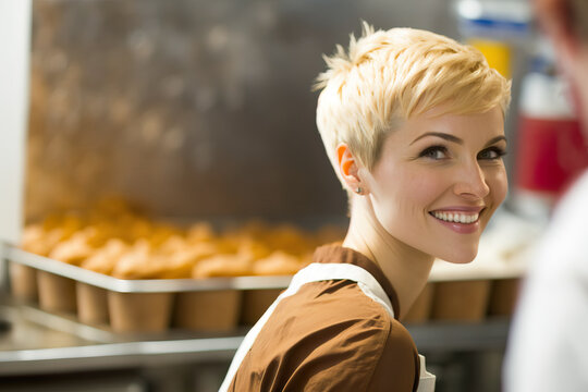 Young woman working in a bakery, with pixie haircut. Generative AI.