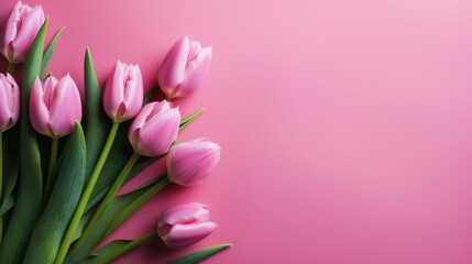Obraz premium Spring tulips on a color background. Space for copy. Generative AI