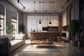 cozy living room with an open-concept kitchen. Generative AI