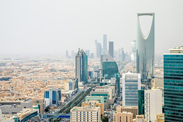 Aerial panorama of downtown of Riyadh city, Al Riyadh, Saudi Arabia - obrazy, fototapety, plakaty
