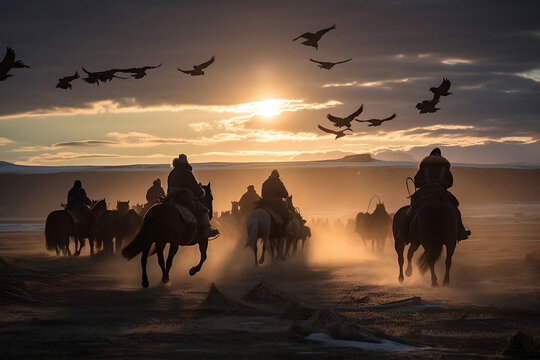 Kazakh berkut hunting western Mongolia Golden eagle festival horse riding, generative ai