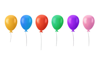 3D Balloon set in cartoon style. Bunch of realistic balloons for birthday and party. Flying ballon with rope. Blue, red yellow and green ball isolated on white background. 3D render icon celebrate © RedVector