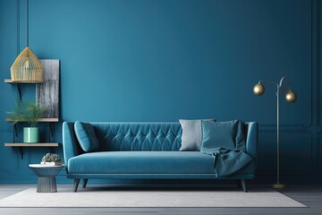 cozy living room with blue walls and a matching blue couch. Generative AI