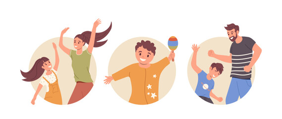 Happy smiling family dancing round icon avatar set, joyful parents and kids vector illustration