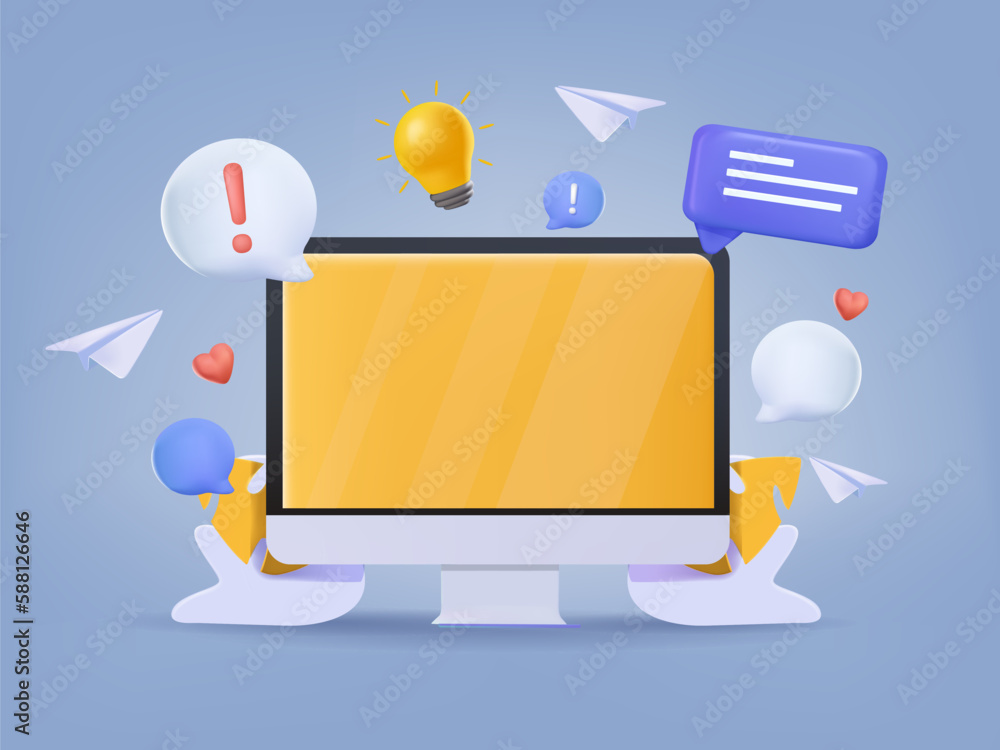 Aufkleber new messages on desktop computer screen. empty screen mockup. messenger 3d concept cartoon style ico
