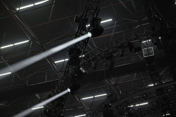 Club light dark industial style. Stage truss on dark background.
