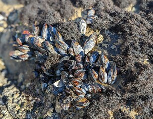 close up of California Blue Mussels on the rocks at Half Moon Bay Beach