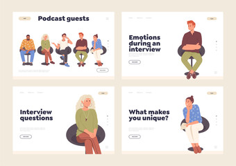Landing page with young people sitting on chair and waiting for job interview or listening podcast