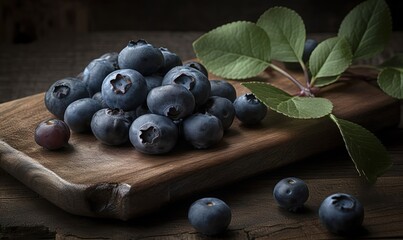  a wooden cutting board topped with blueberries next to a leaf.  generative ai