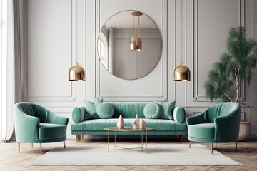 spacious and modern living room with elegant furniture and a large mirror. Generative AI