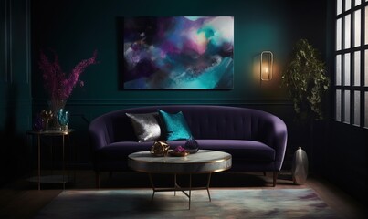  a living room with a purple couch and a painting on the wall.  generative ai