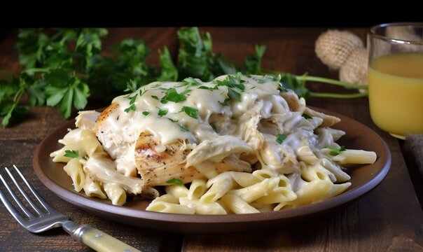 Pasta pene with chicken pieces mushrooms parmesan cheese sauce and herb  decoration. Pene con pollo - Italian or medierranean cuisine 27485786 Stock  Photo at Vecteezy