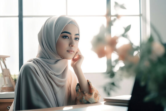 Happy successful Muslim Woman at office space, generative ai