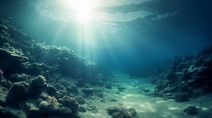 Fototapeta na wymiar Underwater Sea - Deep Water Abyss With Blue Sun light. Generative AI