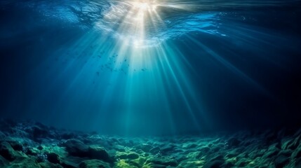 Obraz na płótnie Canvas Underwater Sea - Deep Water Abyss With Blue Sun light. Generative AI