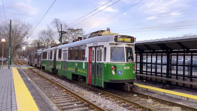 Boston MBTA Green Line Kinki Sharyo Type 7 train at Cleveland Circle terminal on Beacon Street in Brighton, Boston, Massachusetts MA, USA. 