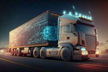 Truck with Industrial Container Cargo for Logistic Import Export at yard, generative ai