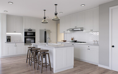 Large white kitchen with island and all necessary appliances. 3d rendering.