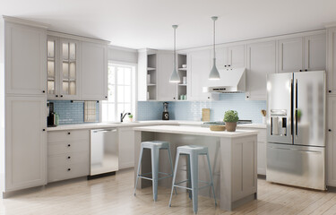 Spacious bright kitchen with a blue apron and blue chairs. 3d rendering.